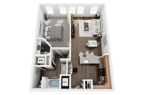 Floor plan for 1 bed, 1 bath, 764 sqft